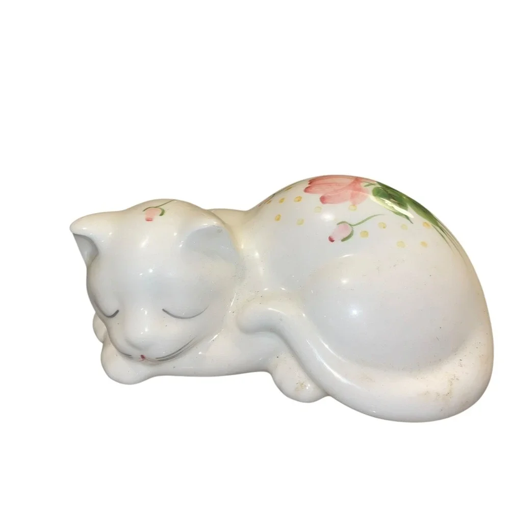 Vintage Lasting Products USA Ceramic Sleeping Cat Figurine w/ Hand Painted Roses